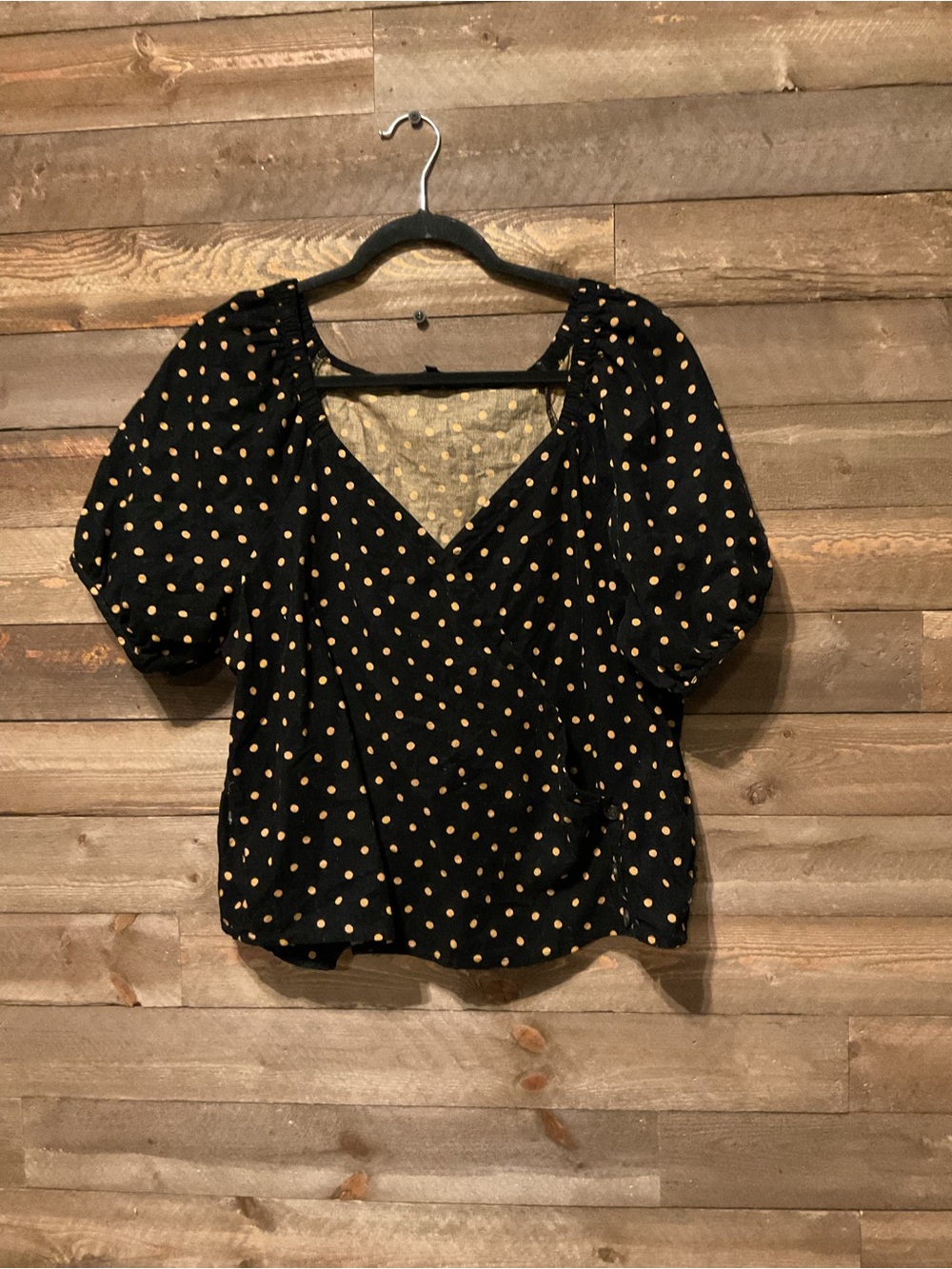 Madewell Black Puff Sleeve Corduroy Top Mustard Oval Dots Women’s Size XL